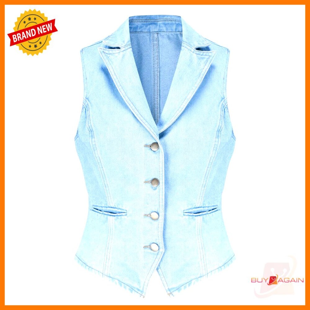 Large Denim Vest Sleeveless Lapel Button Down Regular Fit Work Casual